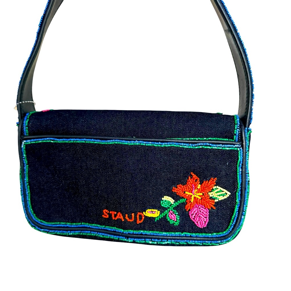 🆕 STAUD Tommy Shoulder Bag Floral Beaded Denim - Picture 7 of 17